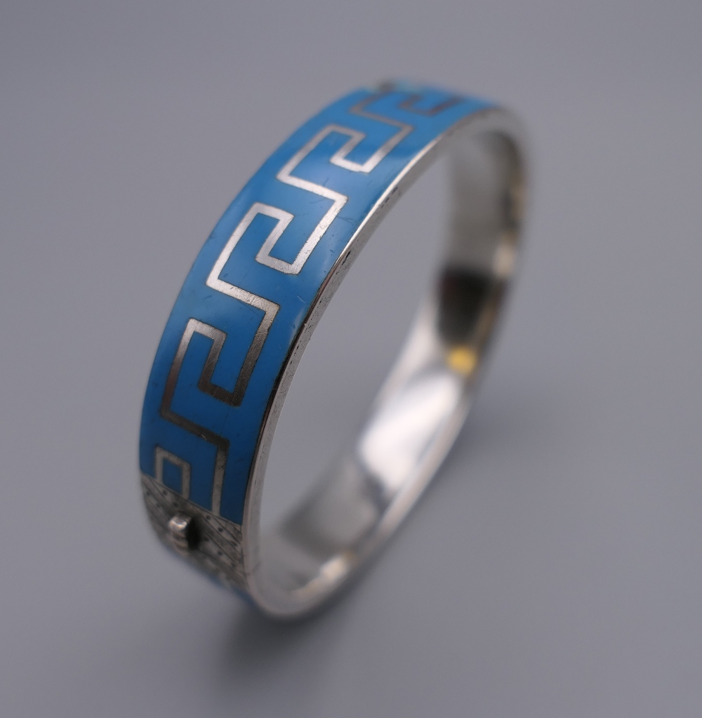 An antique silver and blue enamel Greek pattern design bracelet and a Russian silver and niello - Image 2 of 7