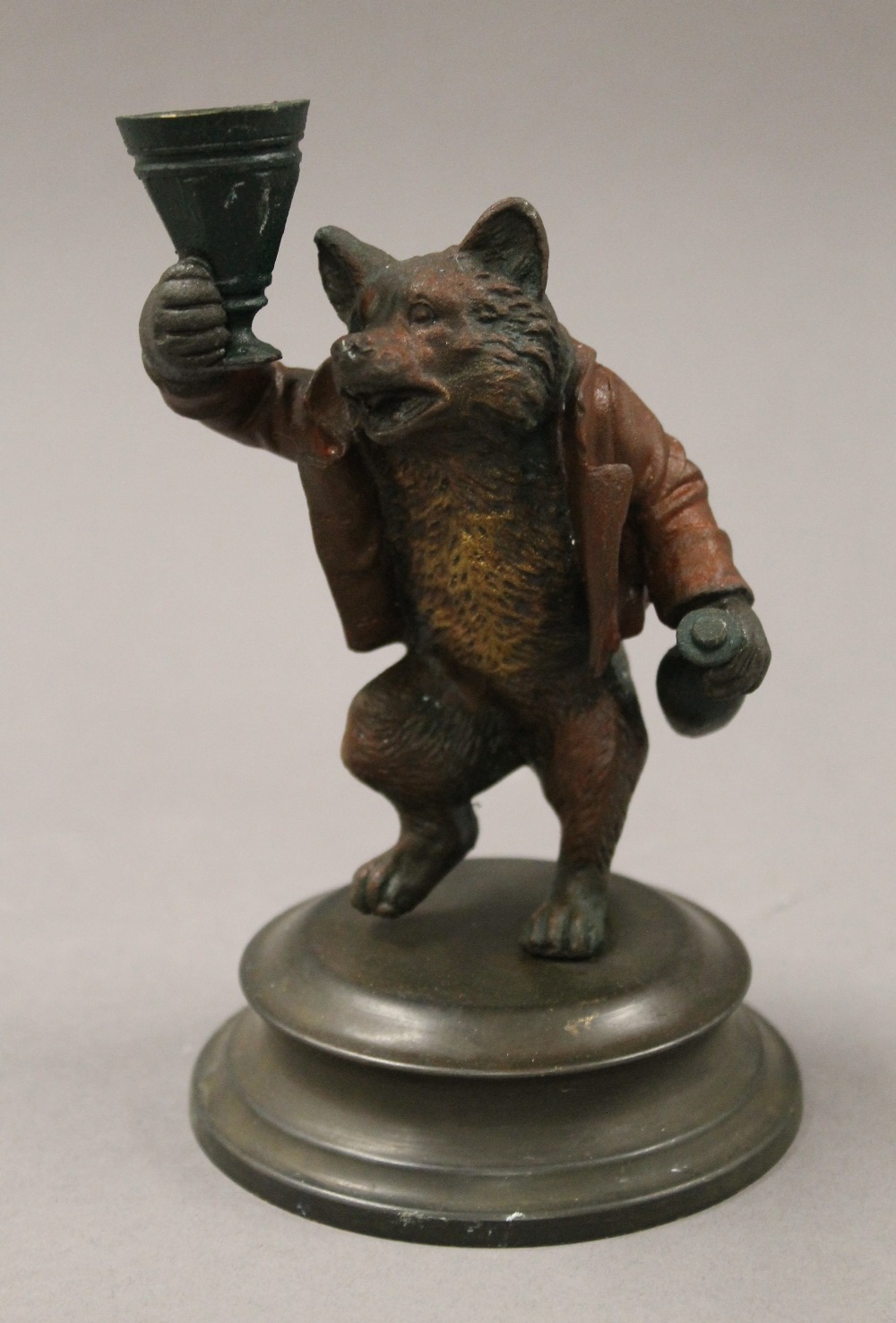 A pair of painted bronze fox form candlesticks. 16 cm high. - Image 5 of 7