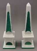 A pair of marble and malachite obelisks. 41.5 cm high.