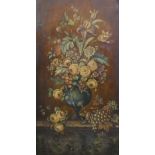 A 19th century framed leather panel painted with a floral still life. 141 cm high overall.