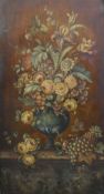 A 19th century framed leather panel painted with a floral still life. 141 cm high overall.