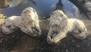 A pair of garden lions. 34 cm high x 58 cm long.