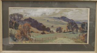 ERNEST SAVAGE, The Downs, watercolour, framed and glazed. 72 x 32 cm.