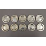 A set of ten 830 silver pin trays. Each 7 cm diameter. 5.9 troy ounces.