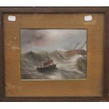 Ships in Stormy Sea, oil on board, framed and glazed. 23 x 18 cm.