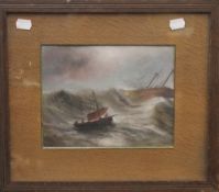 Ships in Stormy Sea, oil on board, framed and glazed. 23 x 18 cm.