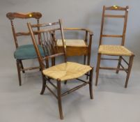 An Edwardian piano stool and three side chairs. The former 55 cm wide.