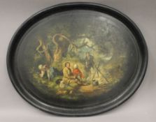 A Victorian painted tray. 76 cm wide.