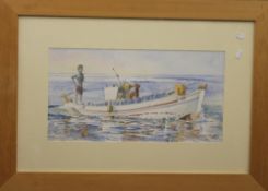 JAMIE FOOT, The Fishing Boat, watercolour, framed and glazed. 55 x 29 cm.