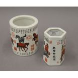 Two Chinese porcelain brush pots. The largest 13 cm high.