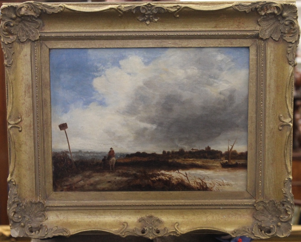 A 19th century oil on canvas, Travellers on a Path before a Village, framed. 29.5 x 22 cm. - Image 3 of 4