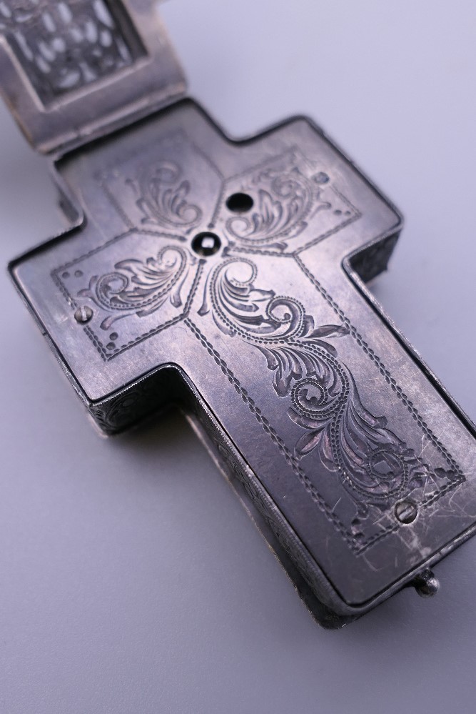 A 19th century unmarked white metal cross form pendant watch. 8 cm high. - Image 8 of 11