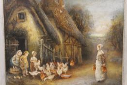 An early 20th century oil on canvas, Feeding the Chickens, signed C JONAS and dated 1908, framed.