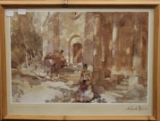 WILLIAM RUSSELL FLINT, Gypsies Outside the Church, print, framed and glazed. 43 x 29 cm.