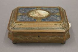 A 19th century Continental jewellery casket, the lid inset with a painted miniature, with key.