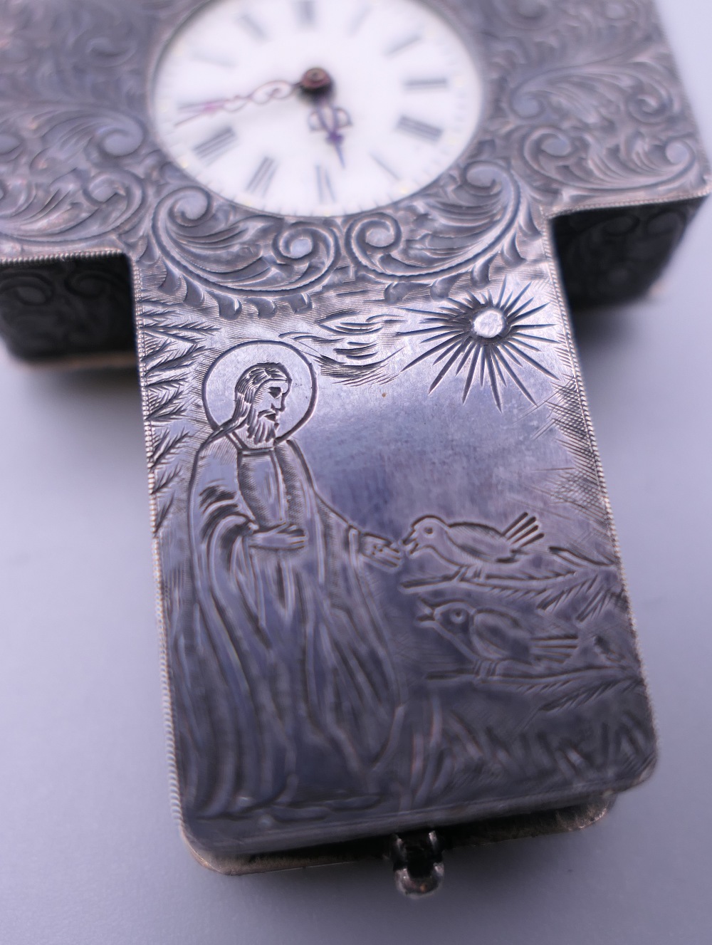 A 19th century unmarked white metal cross form pendant watch. 8 cm high. - Image 6 of 11