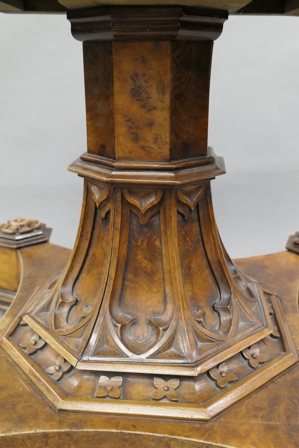 A Victorian burr walnut octagonal loo table. 144 cm wide. - Image 9 of 24