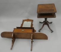 A Victorian walnut mirrored shelf and a modern side table. The former 114 cm wide.