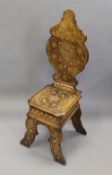 A 19th century Syrian bone inlaid walnut chair. 110 cm high.