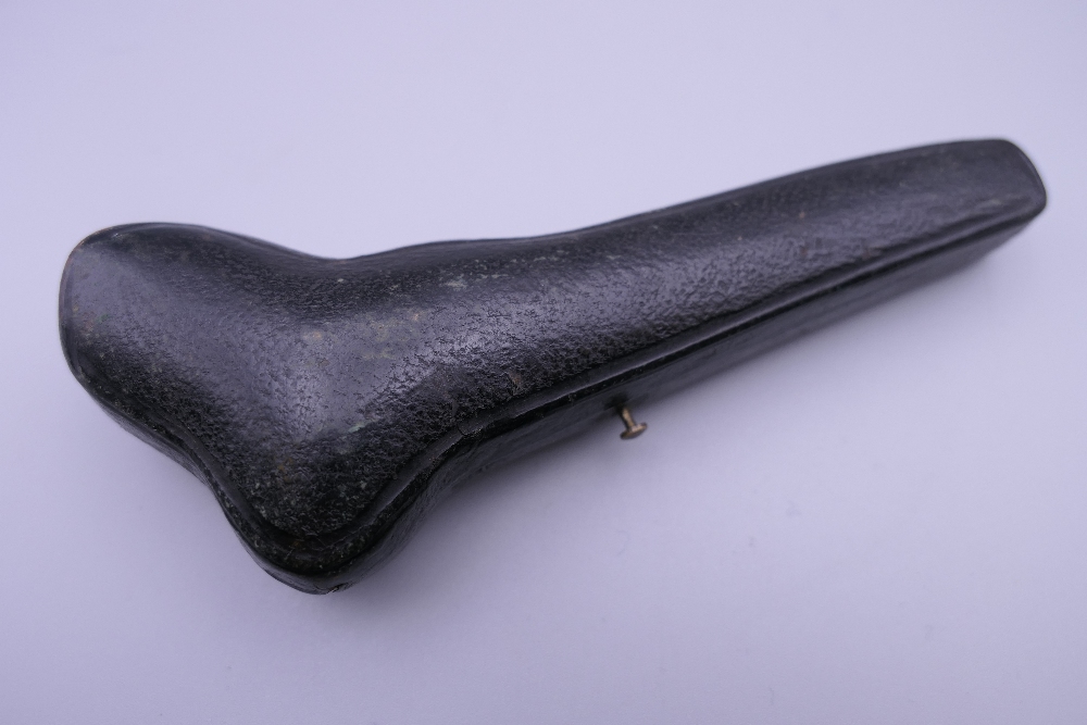 A cased 19th century meerschaum and amber pipe formed as a hand holding a pistol. 12 cm long. - Image 12 of 13