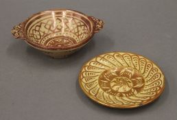 An antique Hispano moresque bowl and a dish. The former 14 cm wide.