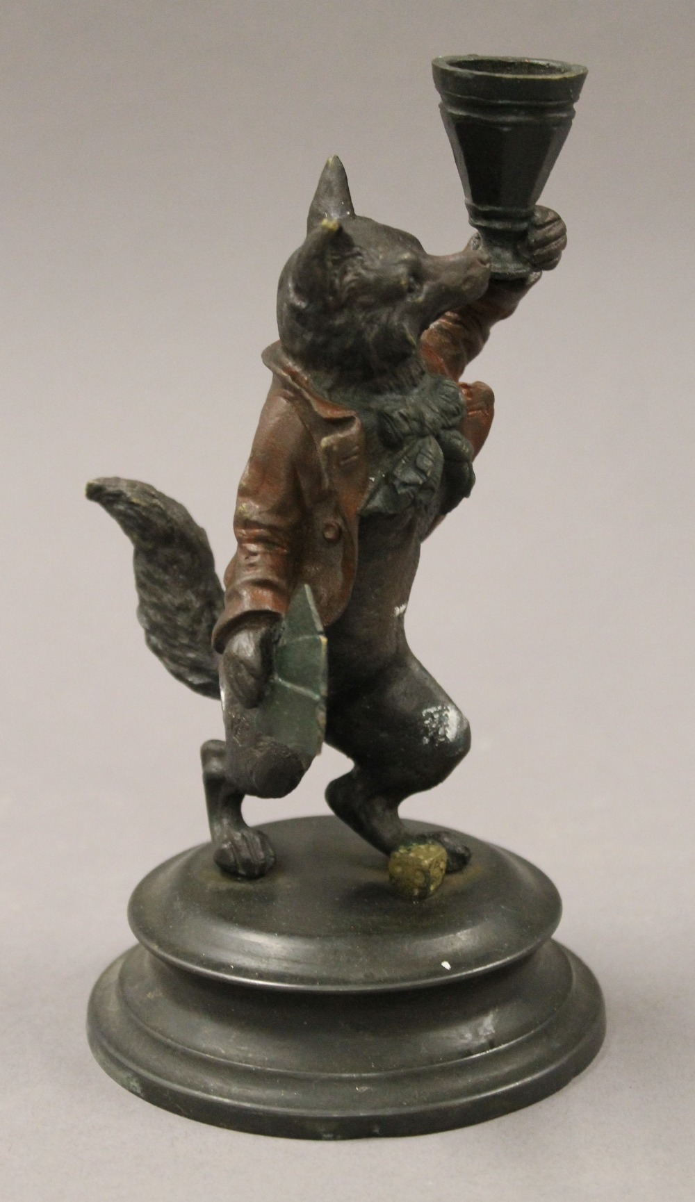 A pair of painted bronze fox form candlesticks. 16 cm high. - Image 3 of 7