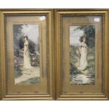 A pair of framed prints, Women in Period Dress. 26 x 44 cm overall.