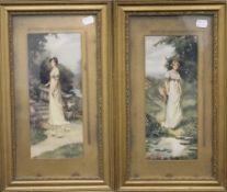 A pair of framed prints, Women in Period Dress. 26 x 44 cm overall.
