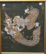 A Thai silk panel depicting a Mermaid, framed and glazed. 42.5 x 50 cm.