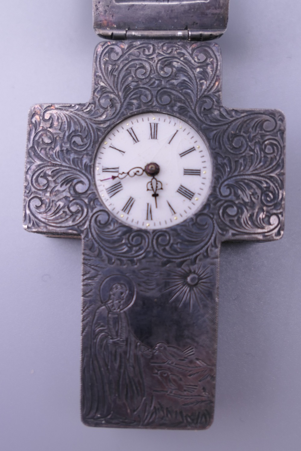 A 19th century unmarked white metal cross form pendant watch. 8 cm high. - Image 5 of 11