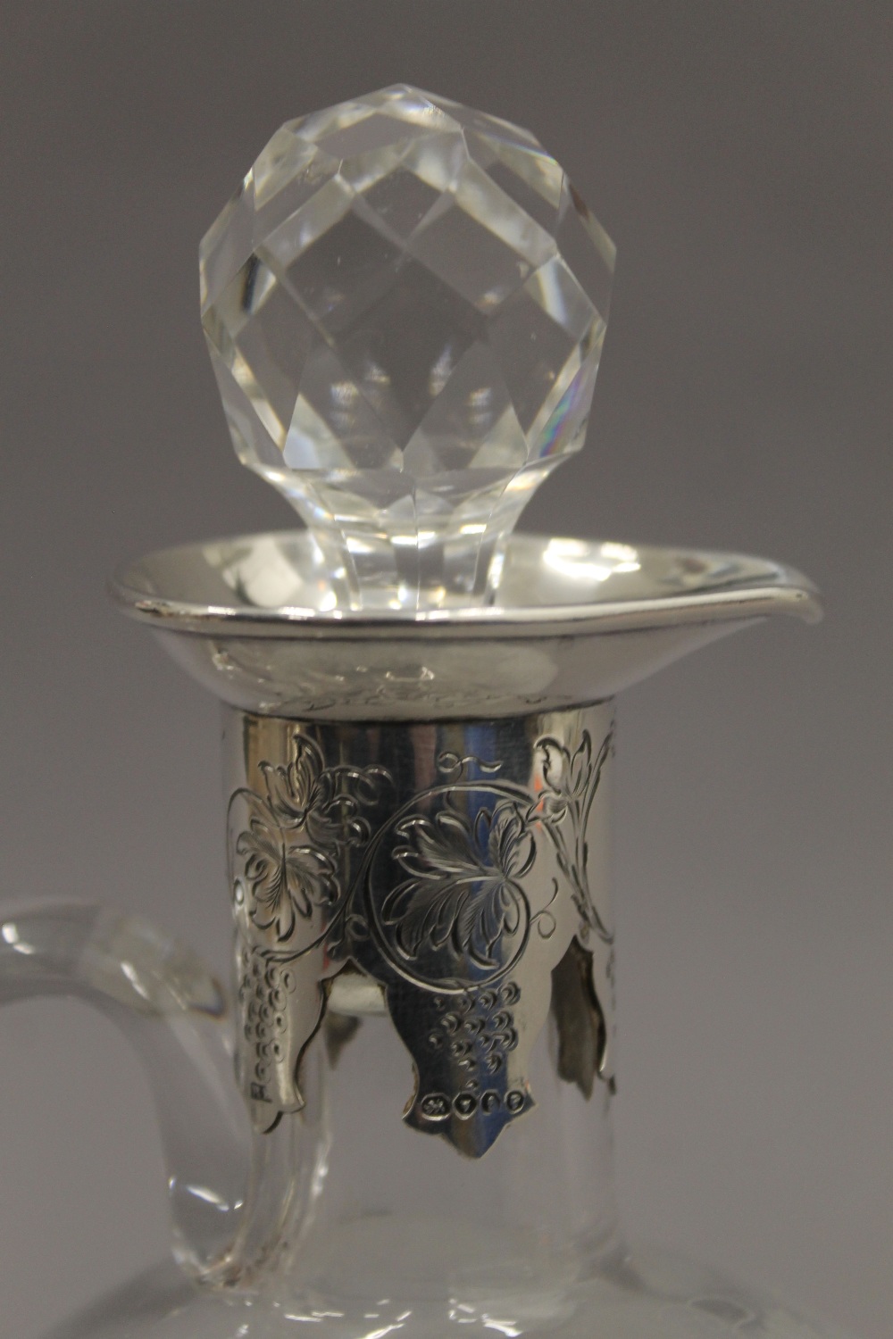 A Victorian silver collared engraved glass claret jug. 22 cm high. - Image 3 of 4
