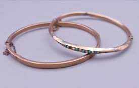 Two 9 ct gold bangle form bracelets, one set with turquoise and seed pearls. 10.