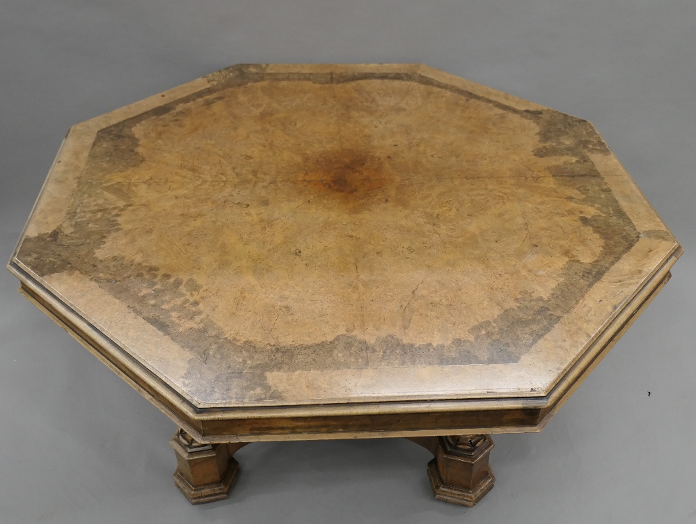 A Victorian burr walnut octagonal loo table. 144 cm wide. - Image 2 of 24