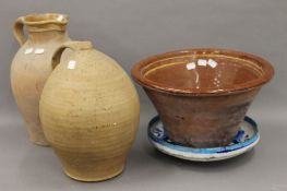 Four items of cottage pottery, including a dairy bowl. 38 cm diameter.