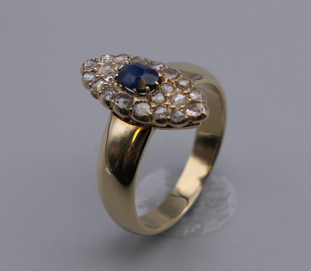 An antique 18 ct gold (tested) pave set diamond and sapphire navette shaped ring. Ring size P. 6. - Image 5 of 5