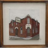 The Peacock Pub, painted relief, signed A J THORN, housed in box frame. 37.5 x 37.5 cm overall.