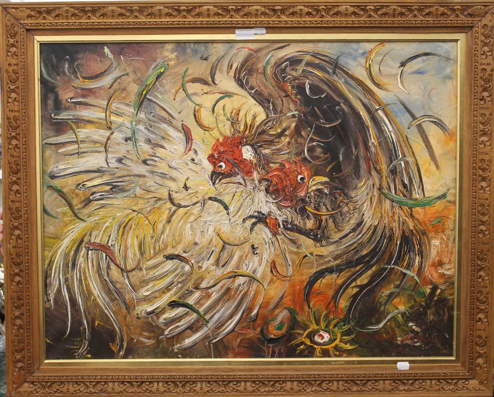 In the style of AFFANDI (1907-1990) Indonesian, Cock Fight, oil on canvas, in a carved wooden frame.