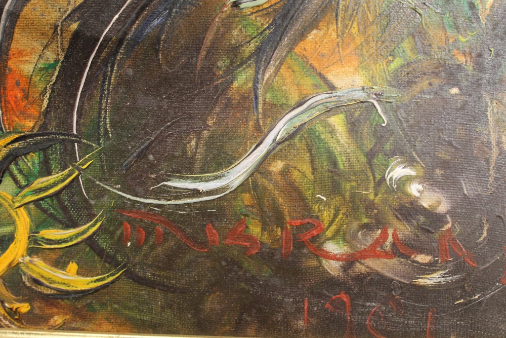 In the style of AFFANDI (1907-1990) Indonesian, Cock Fight, oil on canvas, in a carved wooden frame. - Image 3 of 3