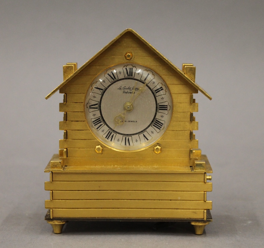 A brass cased Swiss desk clock formed as a Chalet. 11 cm high. - Image 2 of 5