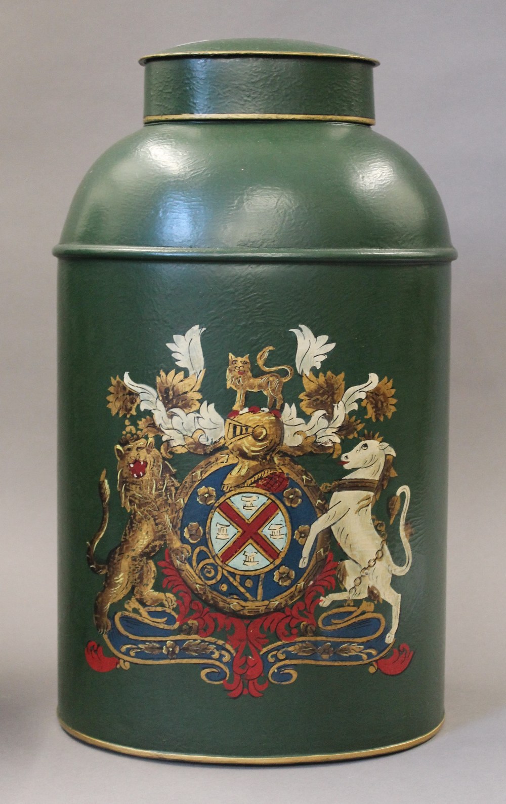 A pair of green toleware tea tins. 44 cm high. - Image 3 of 3