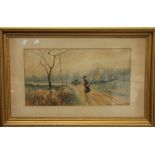 A Victorian watercolour, Travellers on a Country Road, framed and glazed. 51 x 27.5 cm.