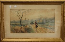 A Victorian watercolour, Travellers on a Country Road, framed and glazed. 51 x 27.5 cm.