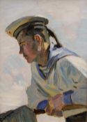 Oil on board, Russian Sailor, indistinctly signed, framed. 14.75 x 20.5 cm.