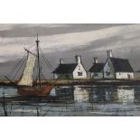 A 20th century oil on canvas, Fishing Boats in a Harbour, indistinctly signed. 80 x 40 cm.