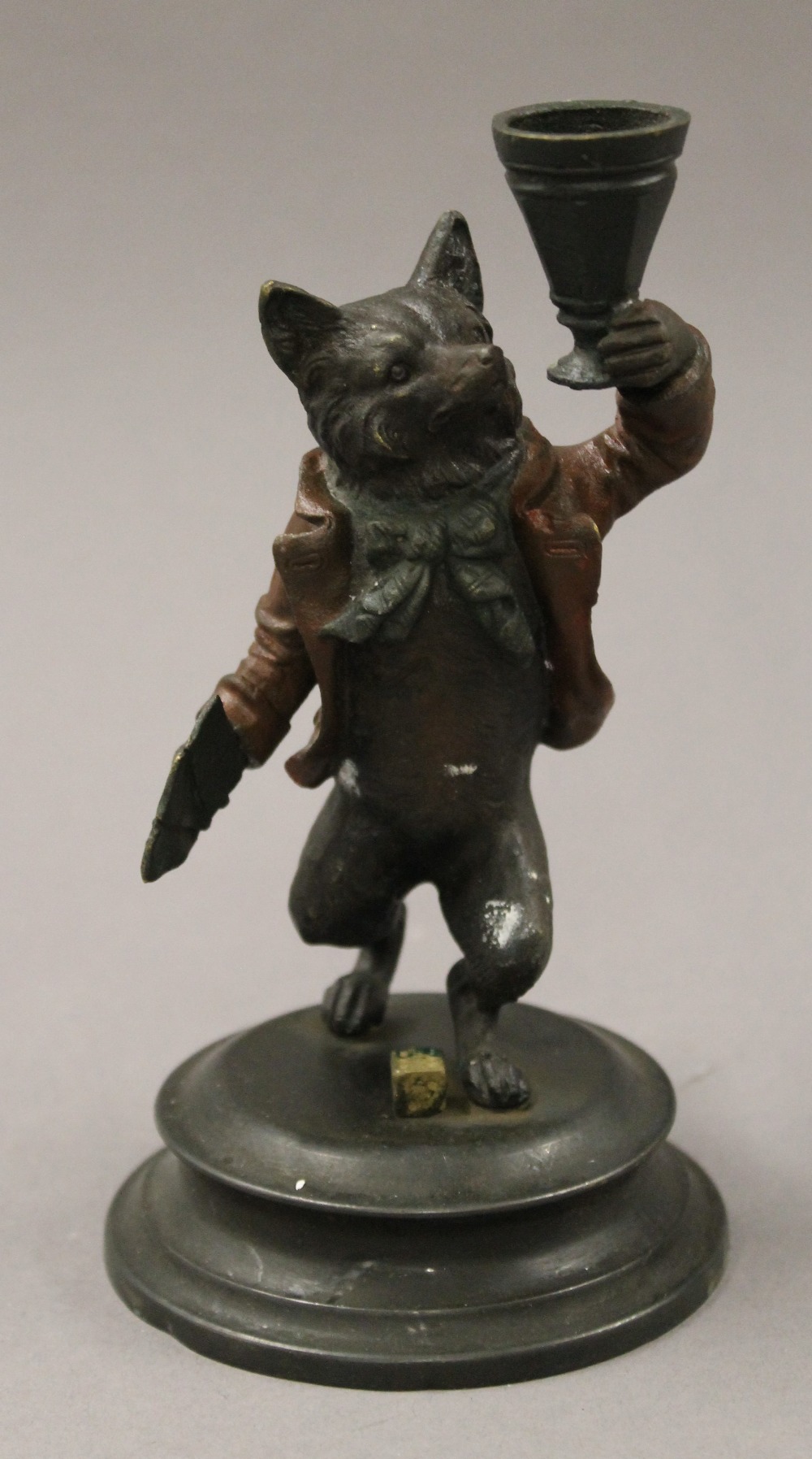 A pair of painted bronze fox form candlesticks. 16 cm high. - Image 2 of 7