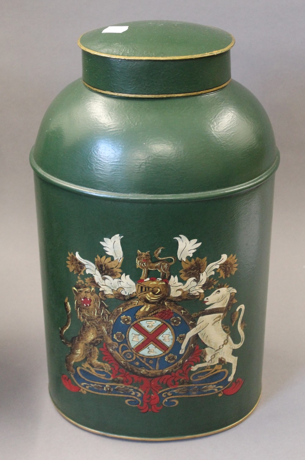 A pair of green toleware tea tins. 44 cm high. - Image 2 of 3
