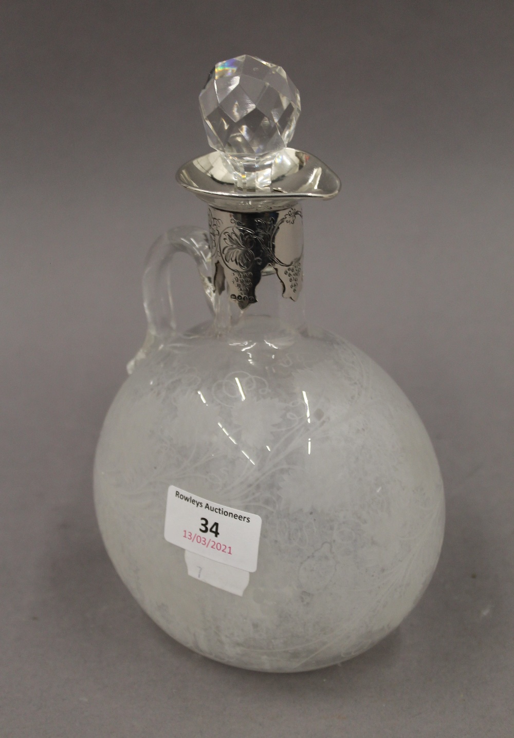 A Victorian silver collared engraved glass claret jug. 22 cm high. - Image 2 of 4