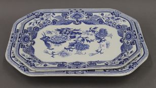 Two Masons blue and white porcelain meat platters. The largest 54 cm wide.