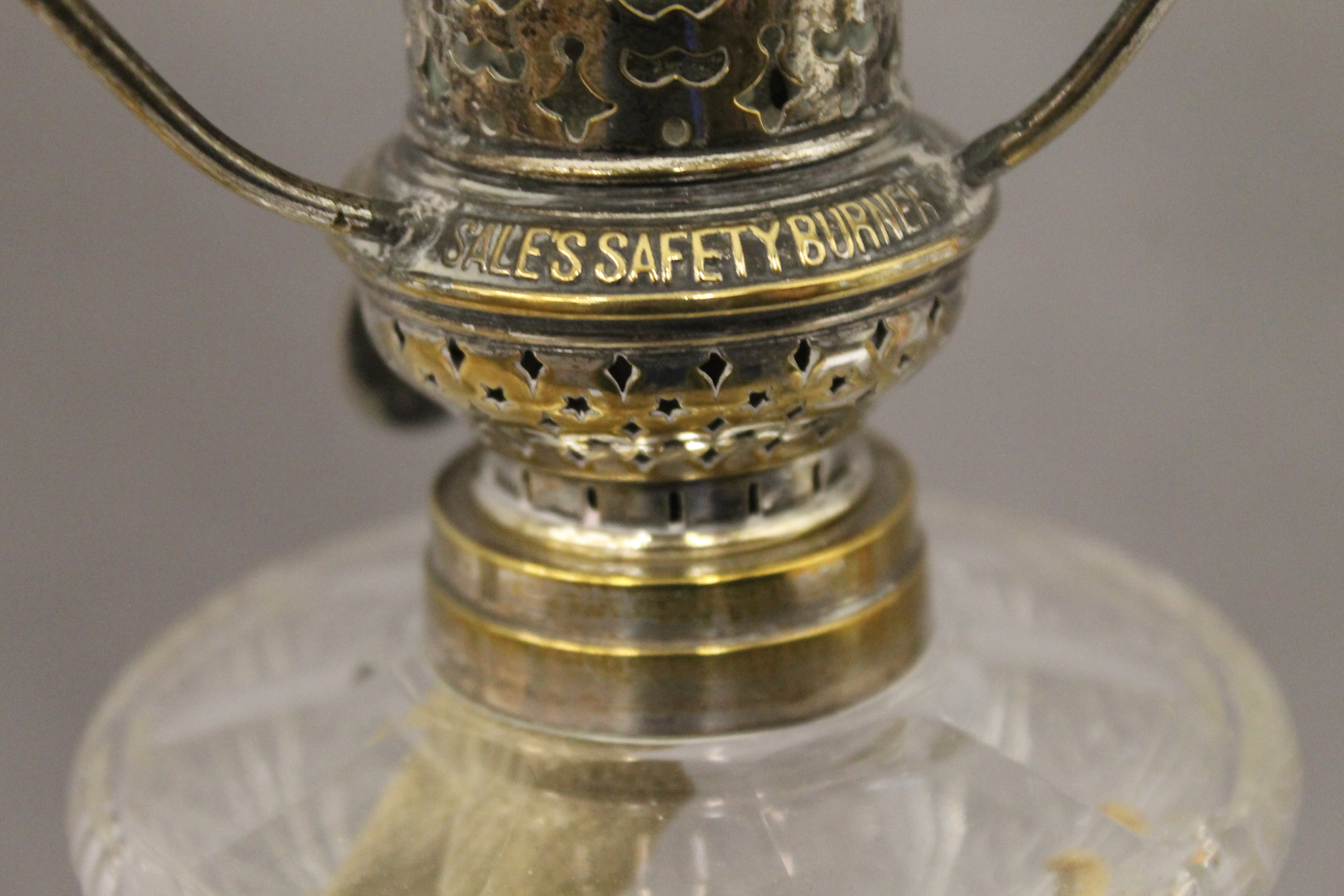 A pair of Victorian silver plated oil lamps, with cut glass reservoirs and opaline shades. - Image 3 of 4