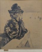 An Art Nouveau lithograph, Veiled Woman at the Harbour Side, framed. 65 x 75.5 cm.